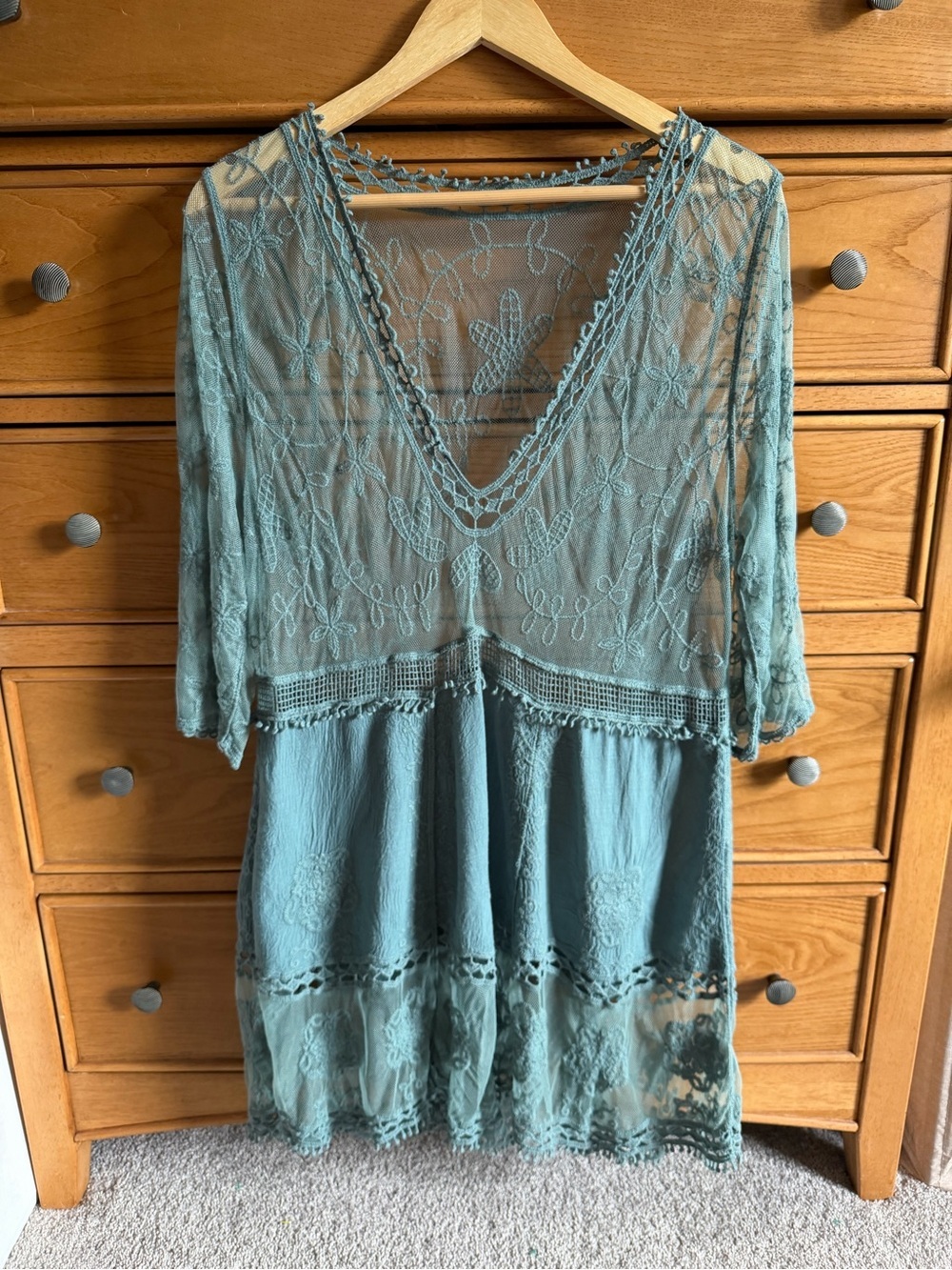 Lace Crochet Boho Womens Tunic Cover-Up Teal Embroidered Floral Whimsical Fairy
